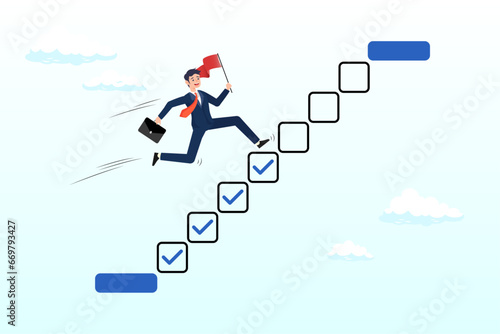 Businessman step on checklist to progress to target, progression from start to success, development or improvement, challenge to progress, win competition, tasks completion to finish project (Vector)