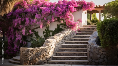 A picturesque stone staircase flanked by vibrant, cascading bougainvillaeas