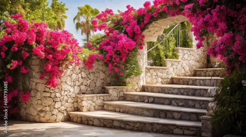 A picturesque stone staircase flanked by vibrant, cascading bougainvillaeas