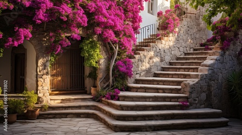 Fotografia A picturesque stone staircase flanked by vibrant, cascading bougainvillaeas