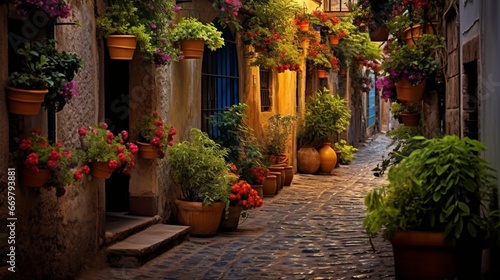 A quaint cobblestone alleyway lined with vibrant potted plants and lanterns © ishtiaaq