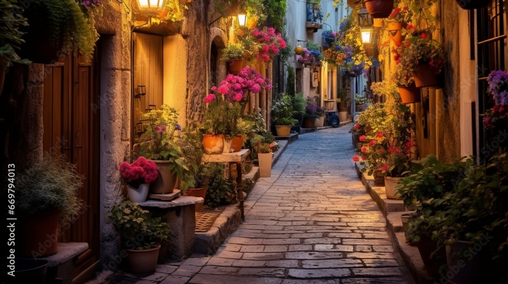 A quaint cobblestone alleyway lined with vibrant potted plants and lanterns