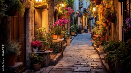 A quaint cobblestone alleyway lined with vibrant potted plants and lanterns