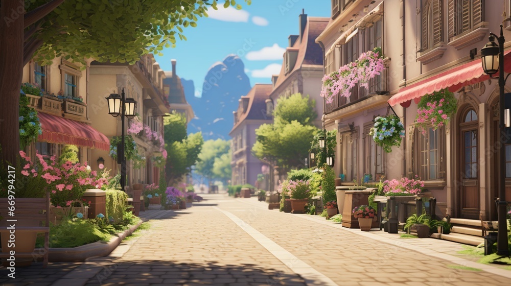 A quaint cobblestone street lined with charming townhouses adorned with flower boxes
