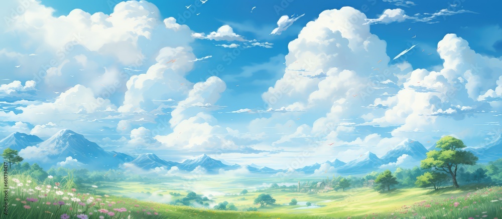 Fototapeta premium Colorful anime style oil painting with a beautiful landscape view of a blue sky clouds and green and blue colors