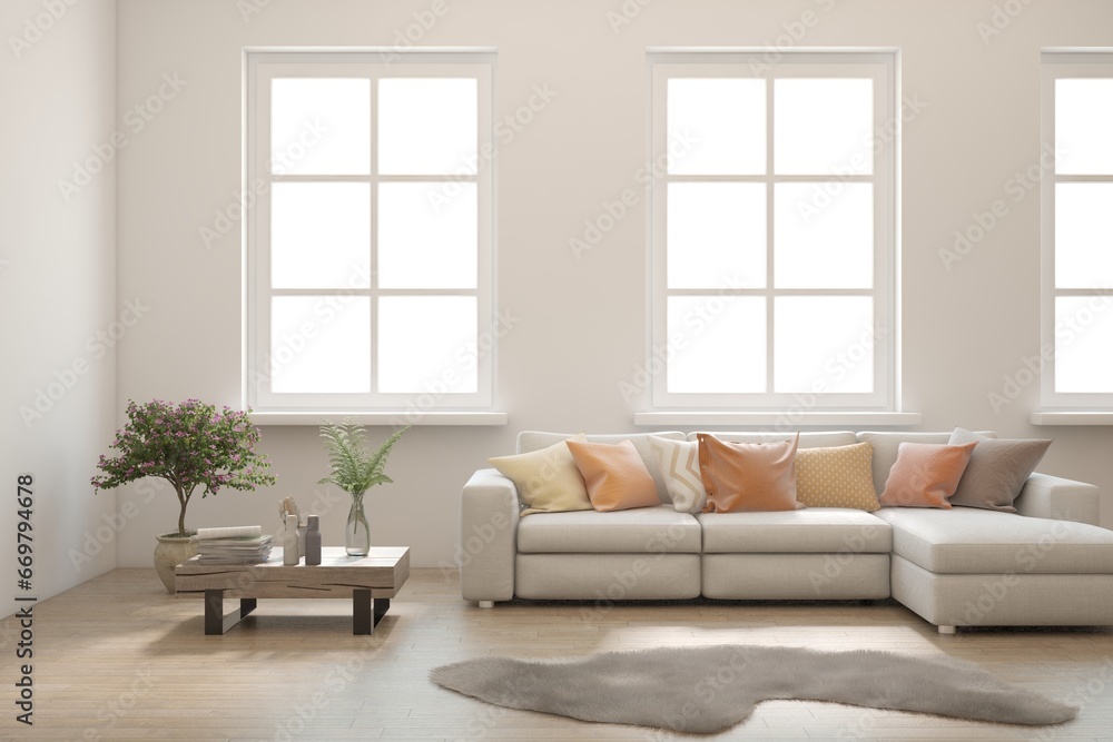 Fototapeta premium White scandinavian interior design with sofa. 3D illustration