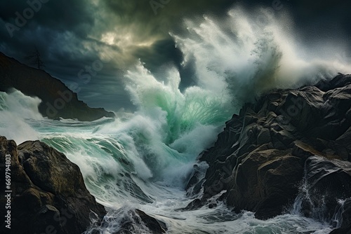 Oceanic turbulence as powerful waves attack the coastal path. Generative AI