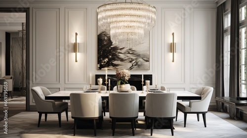 A refined dining room with a polished marble table, upholstered chairs, and a statement chandelier, exuding an air of understated opulence and refinement