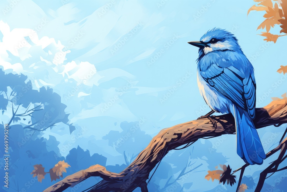 blue bird sitting on a branch - obrazy, fototapety, plakaty 