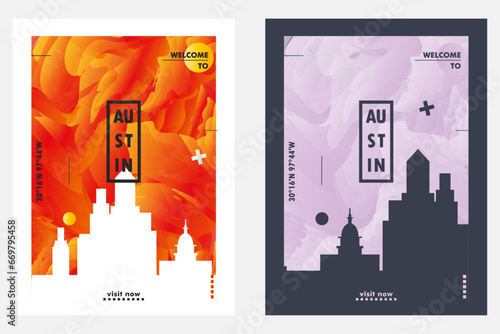 Valokuvatapetti USA Austin city poster pack with abstract skyline, cityscape, landmark and attraction