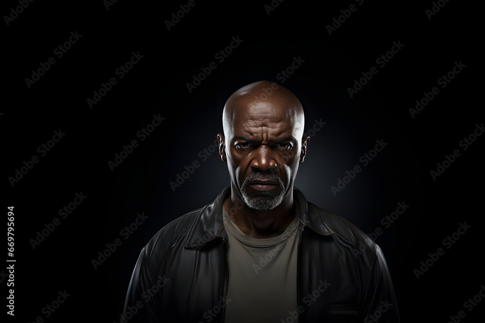 serious adult African American man, head and shoulders portrait on black background. Neural network generated image. Not based on any actual person or scene.