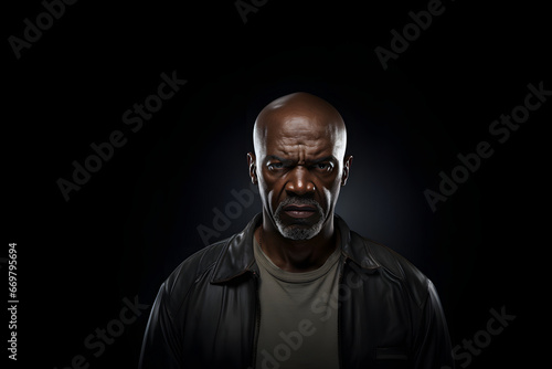 serious adult African American man, head and shoulders portrait on black background. Neural network generated image. Not based on any actual person or scene. photo