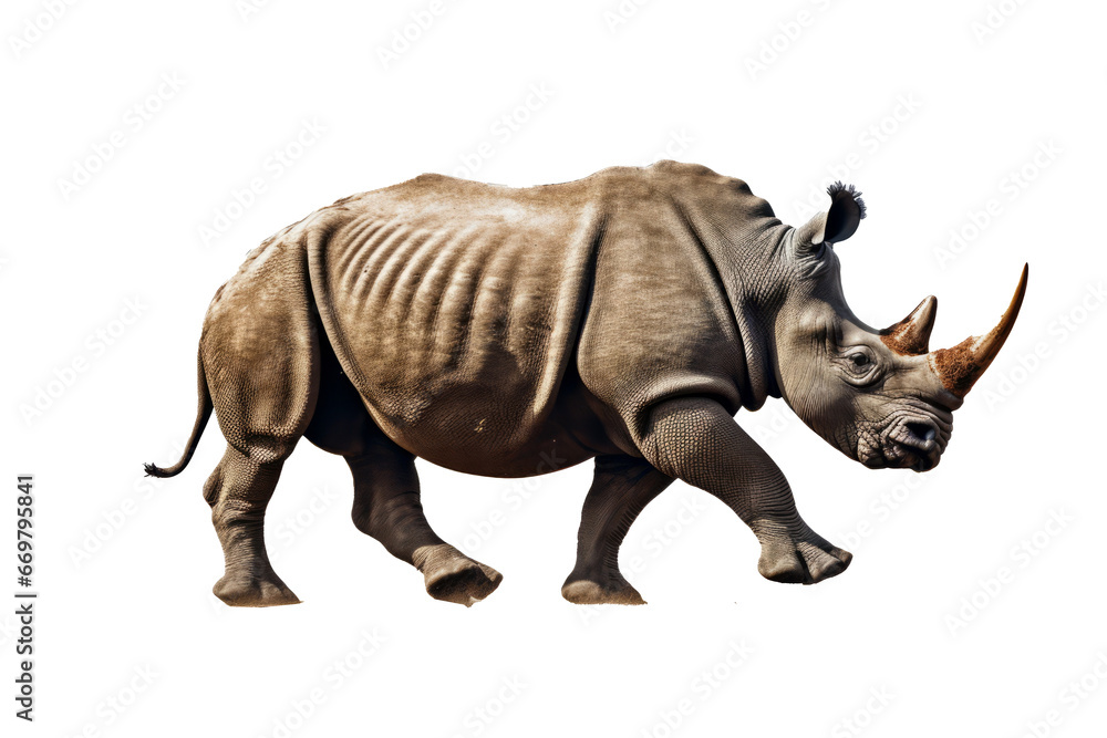 Isolated side view of walking rhino on transparent background.generative ai