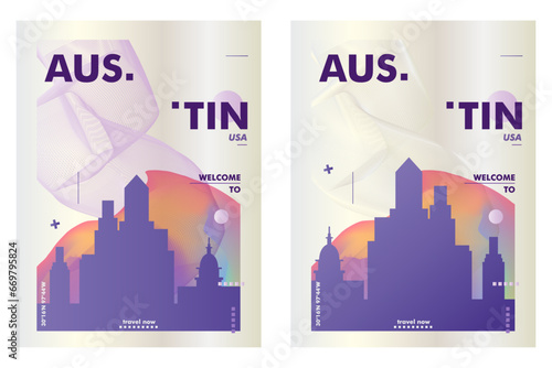 USA Austin city poster pack with abstract skyline, cityscape, landmark and attraction. Texas travel vector illustration layout set for vertical brochure, website, flyer, presentation