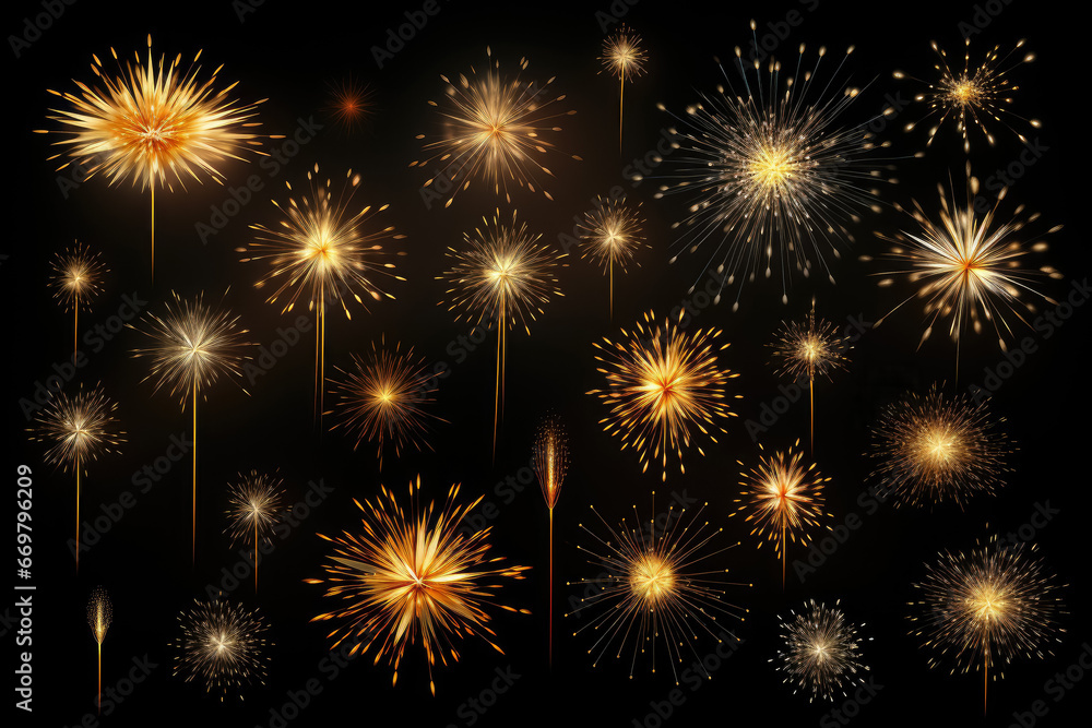 Naklejka premium Abstract burst gold pattern fireworks set , Festive firework , deco star shaped firework isolated on black background