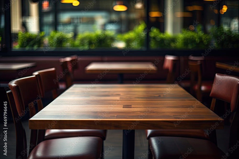 Retro urban chic. Empty wooden table in modern cafe setting. City lifestyle vibe. Abstract blurred in vintage restaurant. Cosy urban corner Retro urban chic. Empty wooden table in modern cafe setting. City lifestyle vibe. Abstract blurred in vintage restaurant. Cosy urban corner