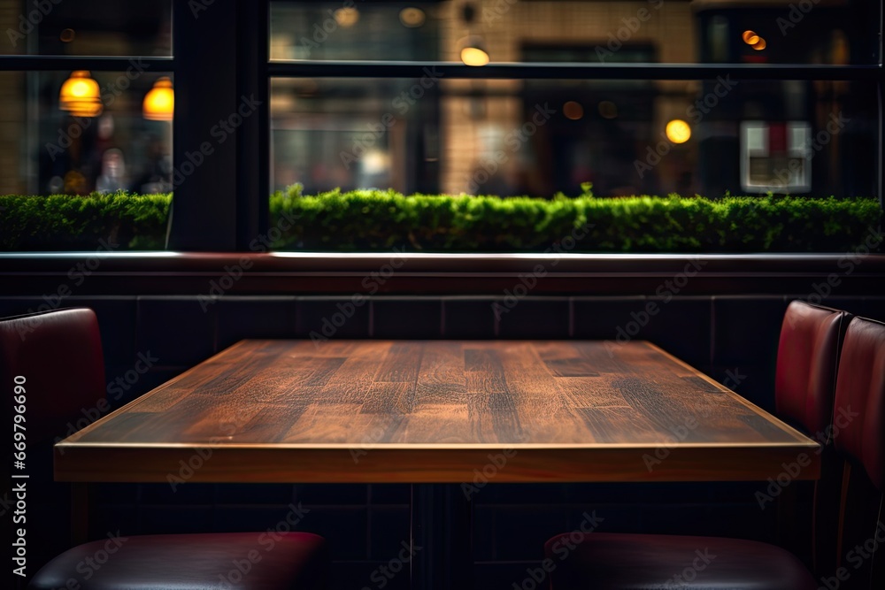 Retro urban chic. Empty wooden table in modern cafe setting. City lifestyle vibe. Abstract blurred in vintage restaurant. Cosy urban corner Retro urban chic. Empty wooden table in modern cafe setting. City lifestyle vibe. Abstract blurred in vintage restaurant. Cosy urban corner