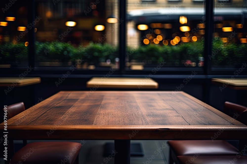 Retro urban chic. Empty wooden table in modern cafe setting. City lifestyle vibe. Abstract blurred in vintage restaurant. Cosy urban corner Retro urban chic. Empty wooden table in modern cafe setting. City lifestyle vibe. Abstract blurred in vintage restaurant. Cosy urban corner
