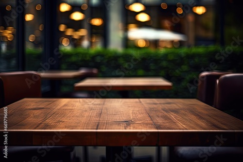 Retro urban chic. Empty wooden table in modern cafe setting. City lifestyle vibe. Abstract blurred in vintage restaurant. Cosy urban corner © Bussakon