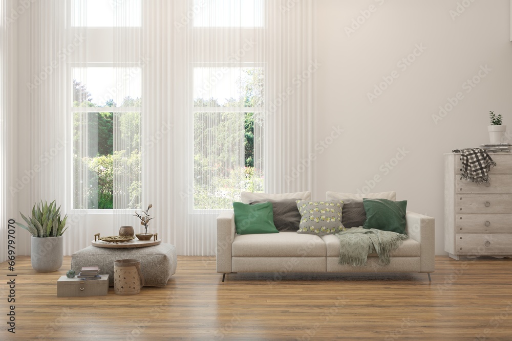 Fototapeta premium White living room with sofa and summer landscape in window. Scandinavian interior design. 3D illustration