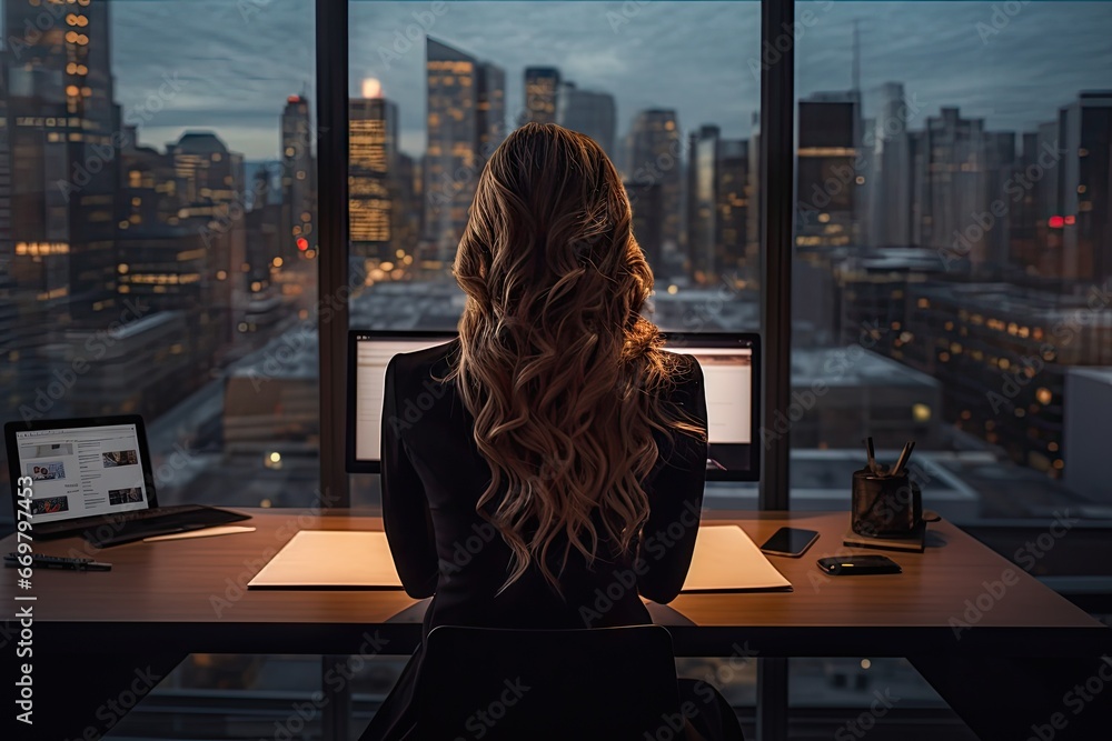 Urban glow. Young businesswoman enjoying city view at sunset. Cityscape connection. Modern at sunrise. Evening contemplation. Young professional relaxing by window Urban glow. Young businesswoman enjoying city view at sunset. Cityscape connection. Modern at sunrise. Evening contemplation. Young professional relaxing by window