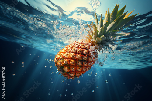 Generative AI Image of Fresh Pineapple Fruit Falling in Water