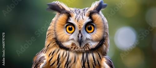 Wild long eared owl in close up portrait
