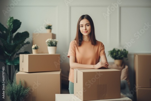 photo of a woman with carton boxes in living room for online shopping and sale © Nijieimu