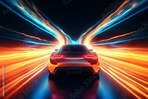 Fast car on glowing road. Turbo acceleration on dark track. Vibrant lights and streaks. Animated. Generative AI