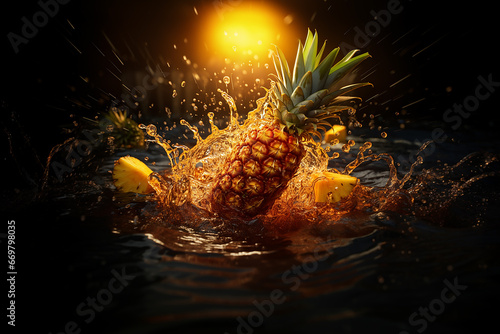 Generative AI Image of Pineapple Fruit with Water Splashing on Black Background