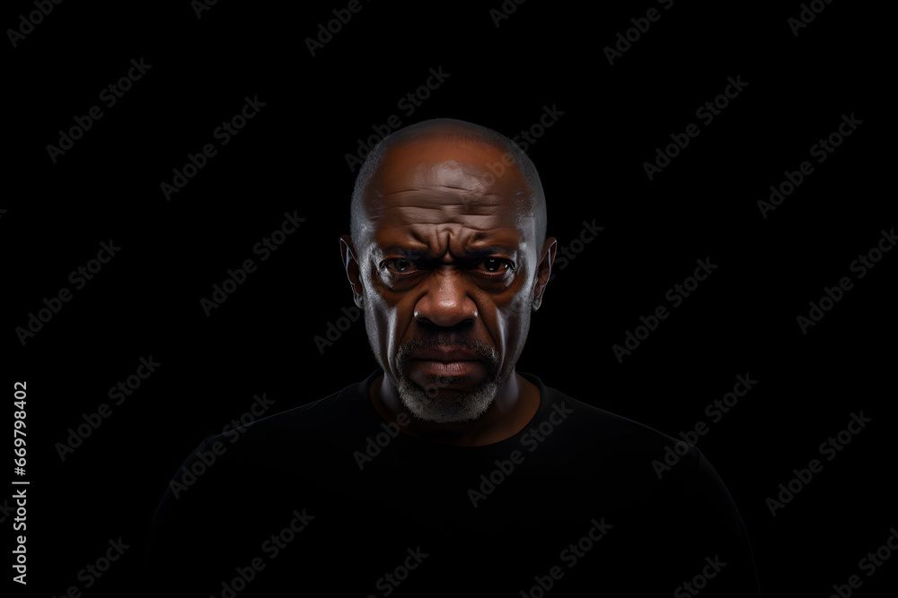 serious adult African American man, head and shoulders portrait on black background. Neural network generated image. Not based on any actual person or scene.