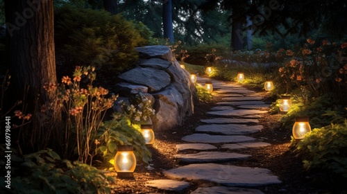 A secluded stone pathway illuminated by softly glowing lanterns