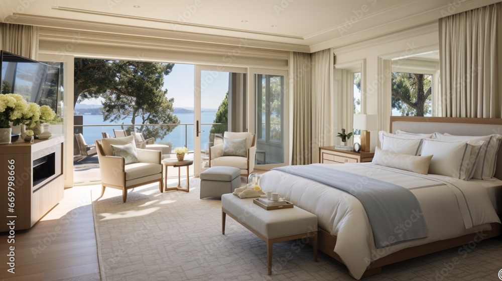 View of A serene and expansive master bedroom with a king-sized bed, panoramic ...