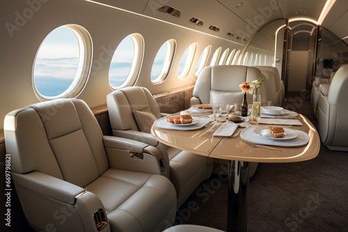 Sophisticated interior in a contemporary private jet with a sunlit table adorned with beverages, cutlery, and inflight dining beside a porthole overlooking clouds. Generative AI