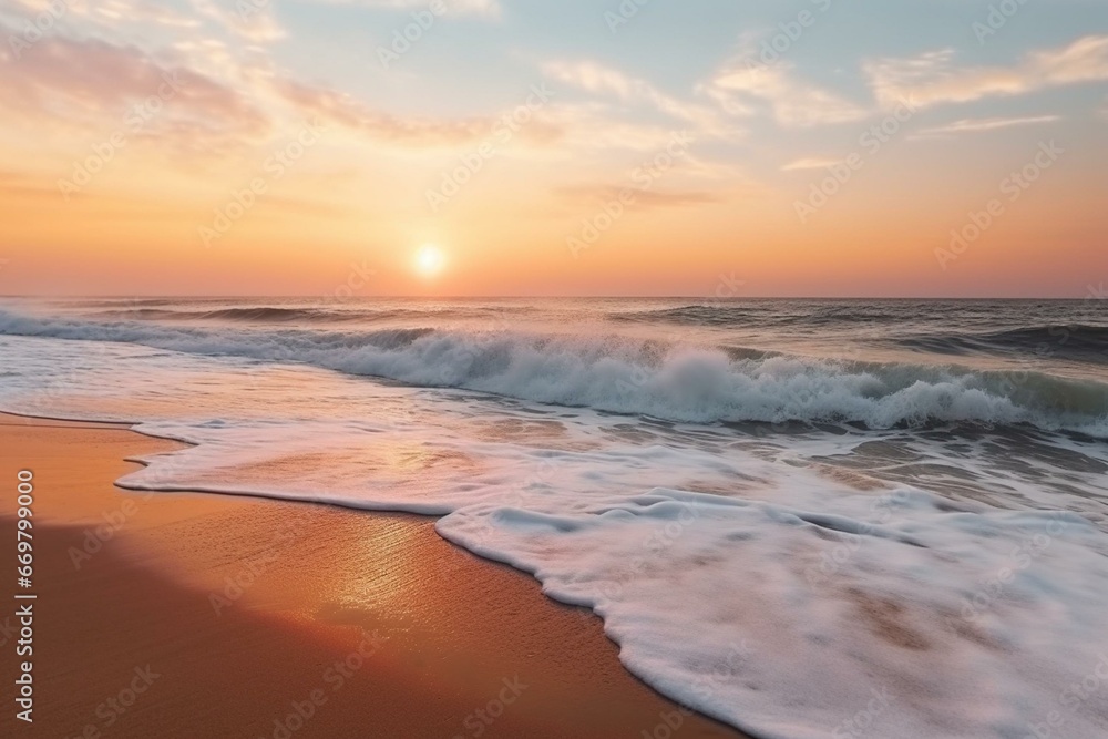Stunning sunset seascape with panoramic sea and sandy beach view, foam-filled waves, and tranquil ocean beauty. Generative AI