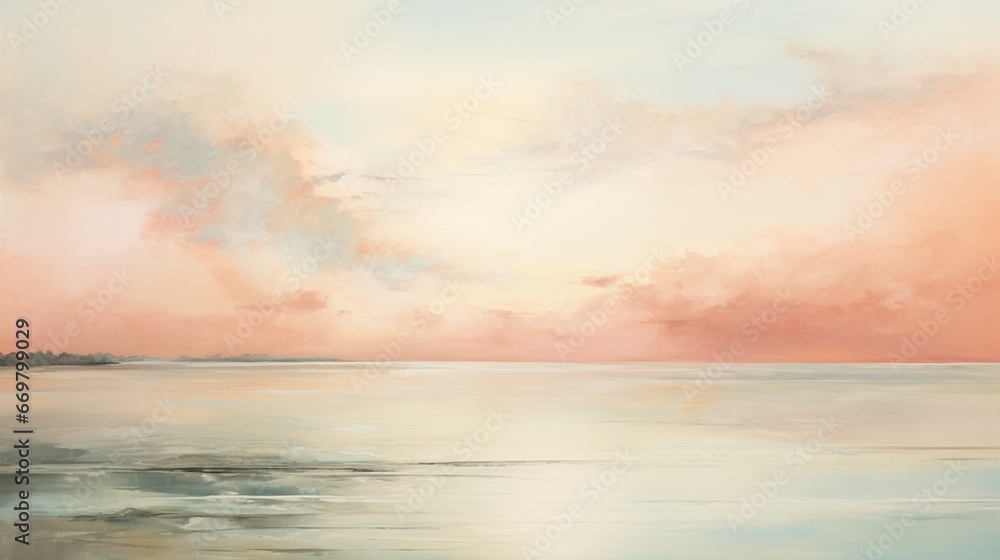 A serene coastal scene at dawn, featuring soft peachy pinks and gentle coral hues against a backdrop of pale aqua