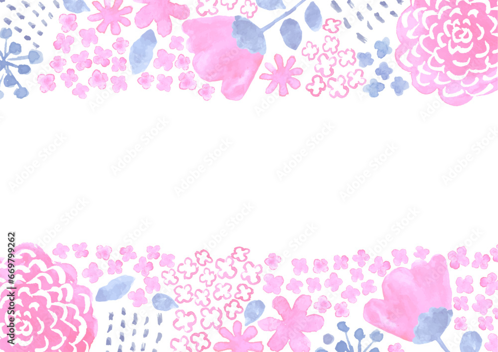 水彩で描いた北欧風のピンクの花柄のフレーム