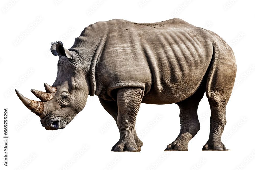 Obraz premium Isolated side view of walking rhino on transparent background. generative ai