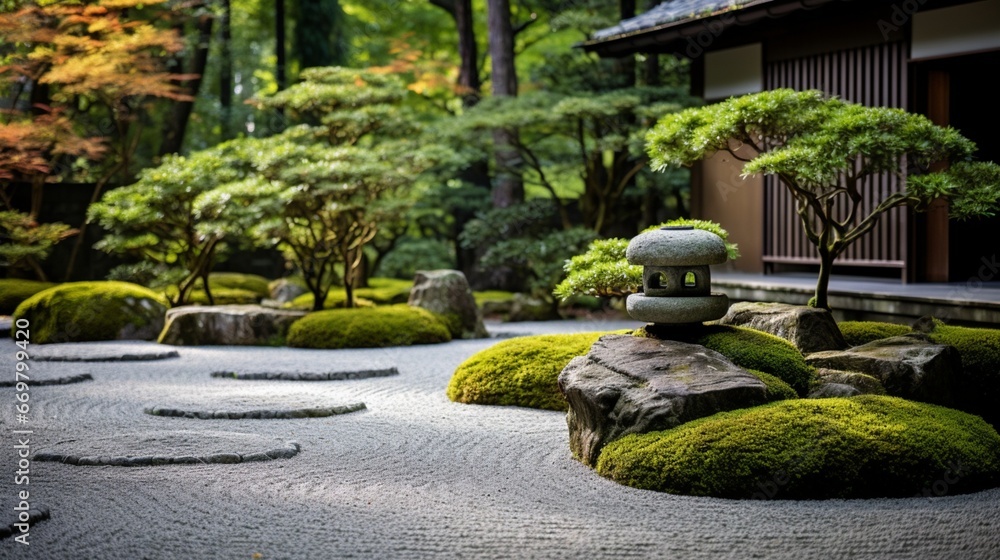 A serene Japanese Zen garden with raked gravel and moss, featuring shades of muted greens and touches of warm taupe
