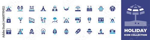 Holiday icon collection. Duotone color. Vector and transparent illustration. Containing holidays  sunbed  easter egg  bonfire  hammock  cocktail  tent  chairlift  sun umbrella  snorkel  surfboard.