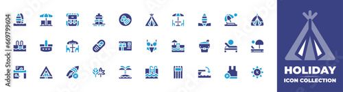 Holiday icon collection. Duotone color. Vector and transparent illustration. Containing sail boat, kayak, hot air balloon, palm tree, car, camping, fire, surfboard, camping tent, sun umbrella, sauna.