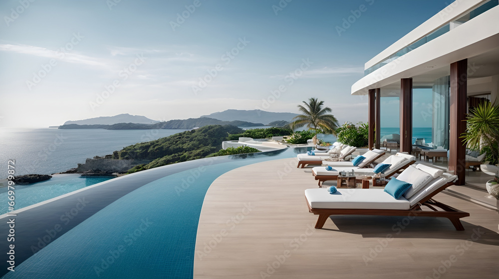 ocean villa with view for vacation and resort summer luxury beach house the beautiful of the sea 8 - obrazy, fototapety, plakaty 