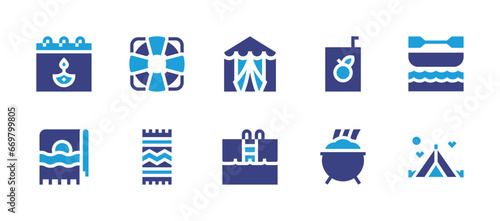 Holiday icon set. Duotone color. Vector illustration. Containing diwali, towel, canoe, tent, gold pot, camp, swimming pool, juice, lifebuoy, beach towel.