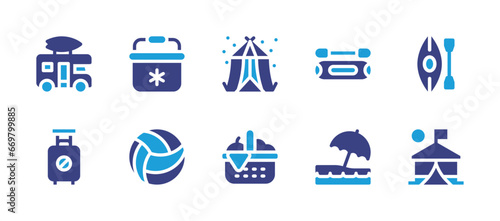 Holiday icon set. Duotone color. Vector illustration. Containing tent, picnic basket, van, no travelling, canoe, kayak, beach, fridge, beach ball.