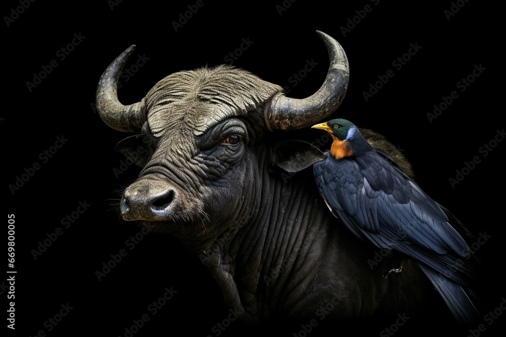 African buffalo with a starling on its horns against a black background. Generative AI African buffalo with a starling on its horns against a black background. Generative AI