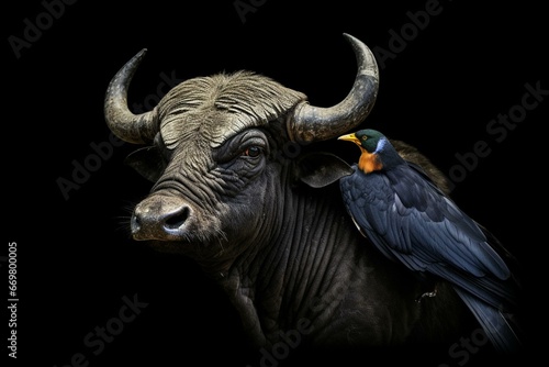 African buffalo with a starling on its horns against a black background. Generative AI photo