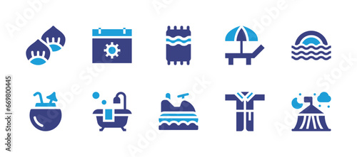 Holiday icon set. Duotone color. Vector illustration. Containing summer, bathtub, chestnut, coconut drink, beach towel, jet ski, sea, camping tent, beach, bathrobe.
