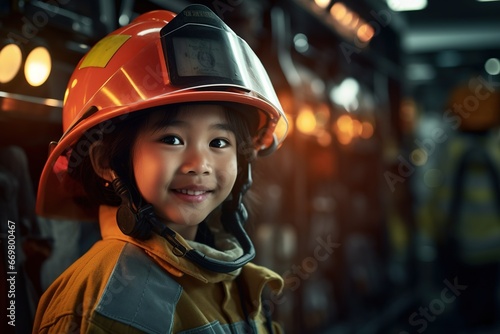 Portrait of a cute little asian girl wearing a firefighter uniform © Rudsaphon