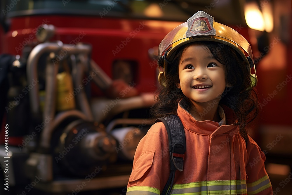 Portrait of a cute little asian girl wearing a firefighter uniform Portrait of a cute little asian girl wearing a firefighter uniform