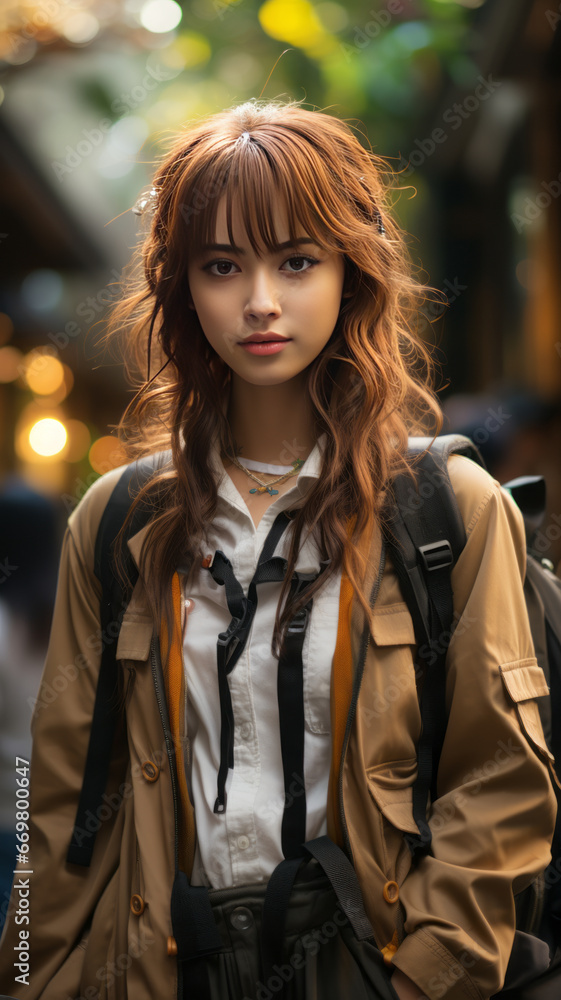 asian hight school girl in hight school uniform walking in the street in The city.generative ai